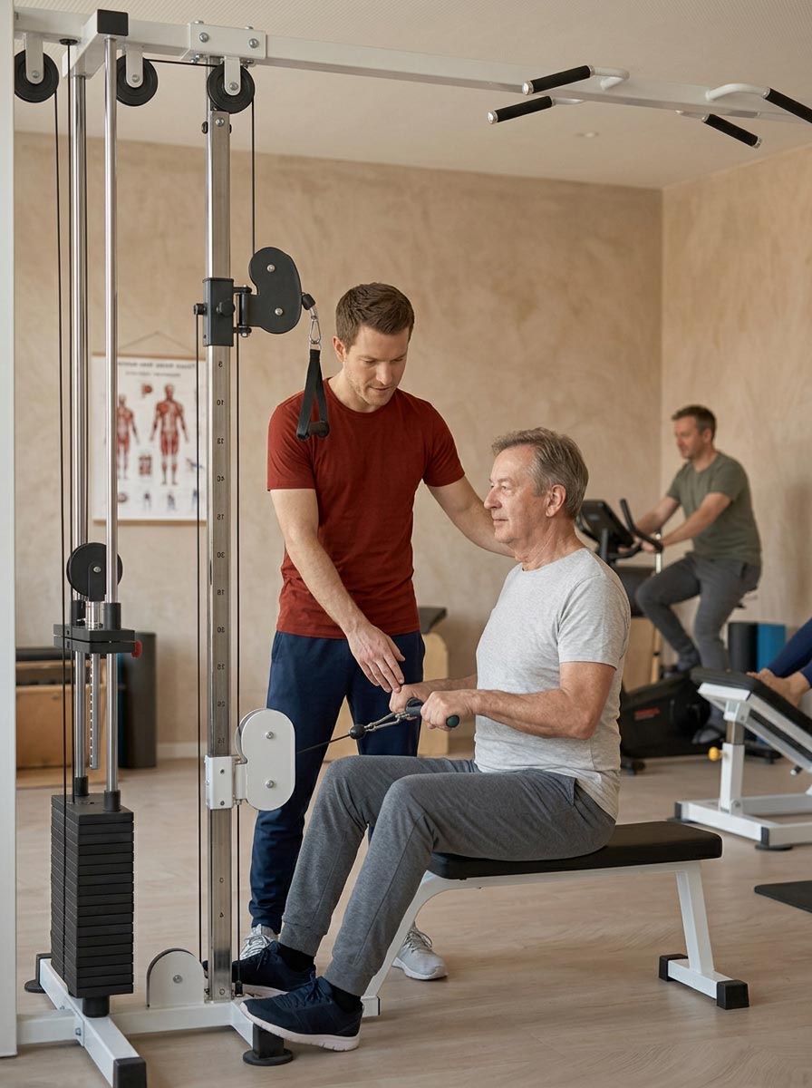 Trainingsfläche mit mehreren Personen, ein Trainer begleitet einen Teilnehmer am Gerät