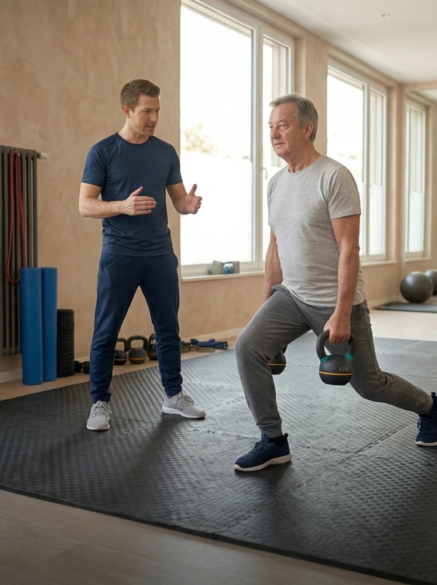 Trainer coacht einen Teilnehmer bei Ausfallschritten mit Kurzhantel